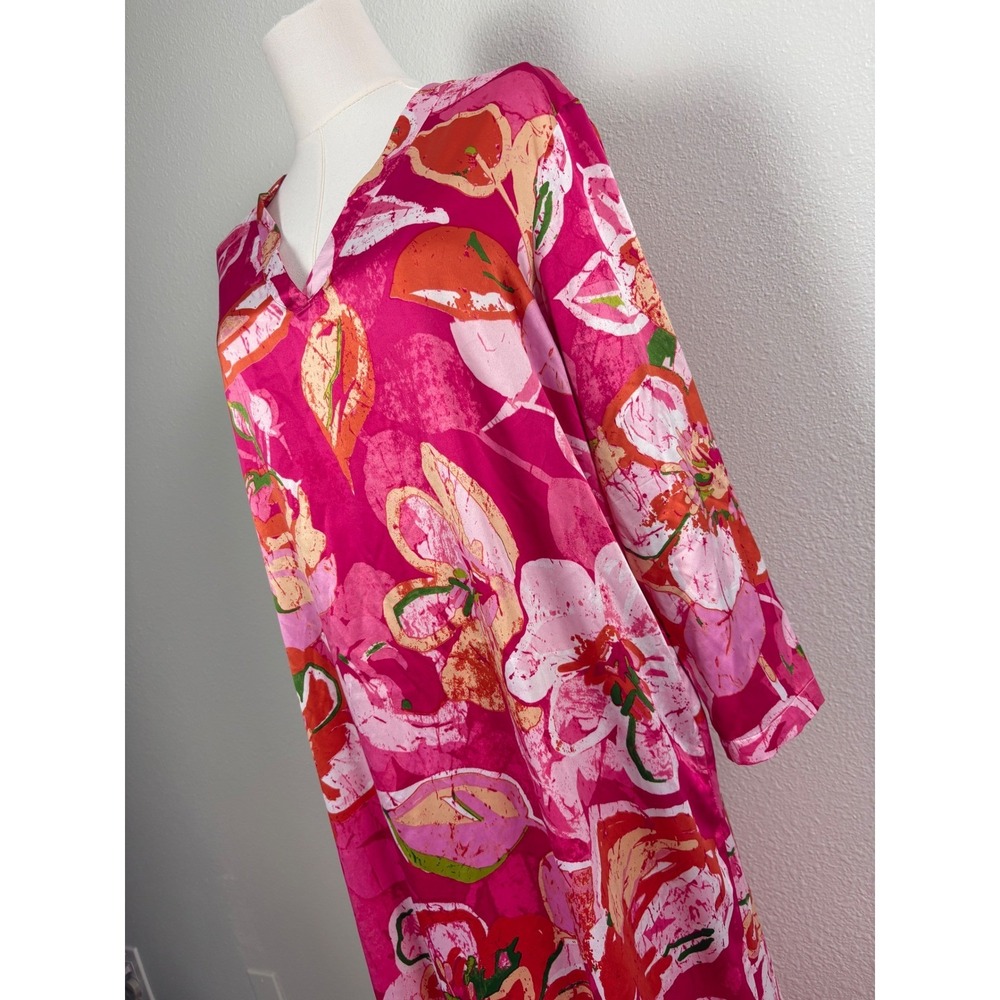 Natori Pink Floral Maxi Caftan Silky Dress Resort Tropical Lounge Cruise Boho - Picture 3 of 8